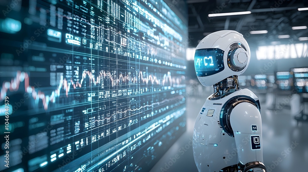 Fototapete futuristic silhouette of an ai powered robot with a double exposure of forex charts and financial gr