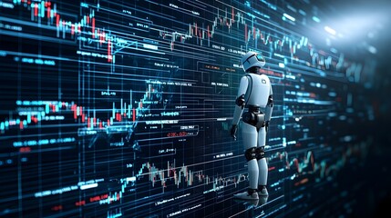 Futuristic robot silhouette with double exposure of forex charts and financial graphs deep blue tones highlighting the automated trading concept and data driven decision making
