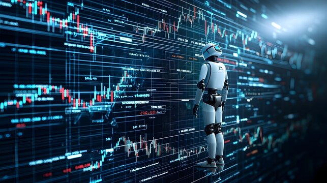 Futuristic robot silhouette with double exposure of forex charts and financial graphs deep blue tones highlighting the automated trading concept and data driven decision making