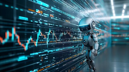 Futuristic Robot Silhouette with Double Exposure of Forex Charts and Financial Graphs Highlighting the Automated Trading Concept and Data Driven Decision Making for the Future of Finance