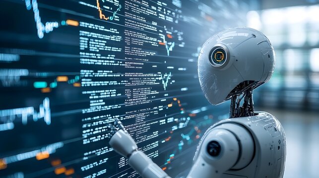 Robotic silhouette set against a blue digital landscape overlaid with double exposure of forex trading data and financial graphs symbolizing the of intelligence and modern finance