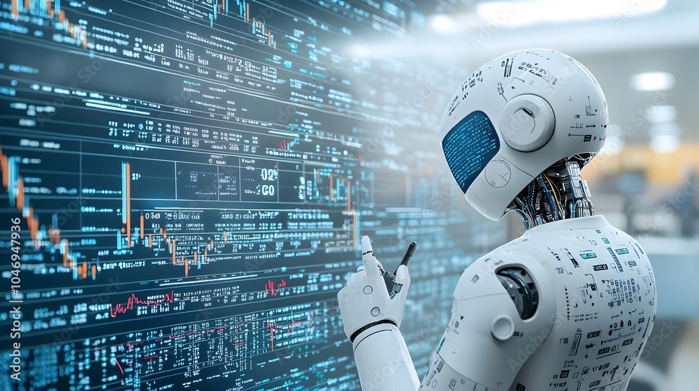 Fototapete Silhouette of an robot overlapped with forex chart data and financial graphs set against a blue background creating a tech driven scene for automated trading visualization