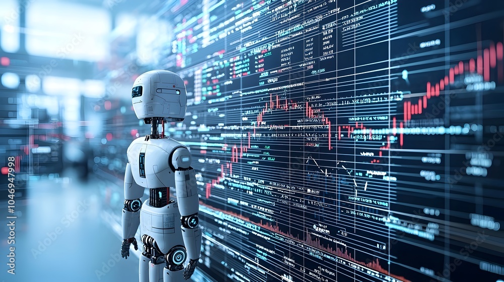 Poster Futuristic AI powered financial market analysis and data visualization through integrated graphs forex charts and digital technology in a blue double exposure background