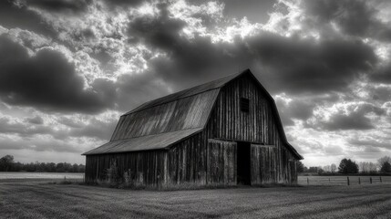 Obraz premium Black and White Barn. A Classic Monochrome Farm Landscape Under a Clear Sky