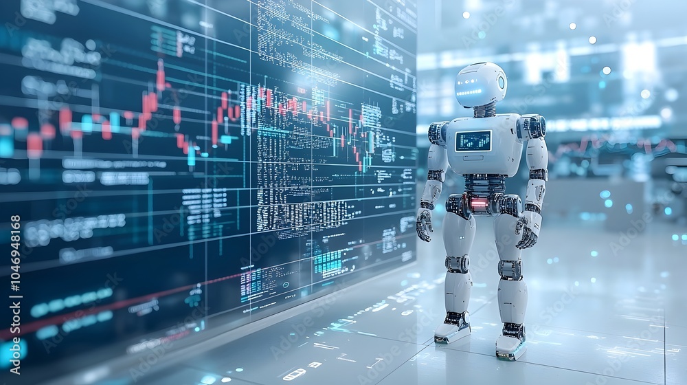 Poster Futuristic financial market graphs and forex charts merging with the silhouette of an robot set against a blue background evoking a cutting edge high tech trading environment through double exposure