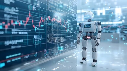 Futuristic financial market graphs and forex charts merging with the silhouette of an robot set against a blue background evoking a cutting edge high tech trading environment through double exposure