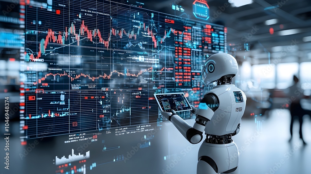 Aufkleber futuristic digital depicting an robot silhouette merging with financial market graphs and forex char