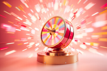 spinning fortune wheel with prizes, motion blur, red gold, led lit, front view, minimalist