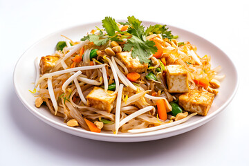 Thai Pad Thai Noodles with Stir-Fried Rice Noodles, Shrimp or Chicken, Tofu, Bean Sprouts, Peanuts, and Garnished with Lime Wedges and Cilantro