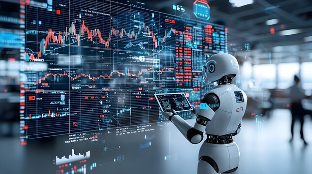 Futuristic digital depicting an robot silhouette merging with financial market graphs and forex charts showcasing the power of data driven analytics in a blue toned tech infused trading environment