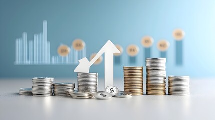 Digital 3D rendering of a stack of coins next to a rising vertical arrow with market graphs and charts in the background over a blue gradient background representing financial growth investment