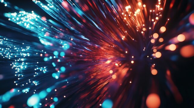 Close-Up of Brightly Lit Fiber Optic Cables Glowing with Colorful Light Streaks in Dark Background