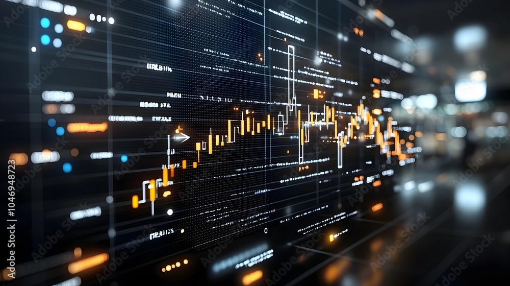 Poster 3d coins graph with prominent upward arrow symbolizing positive market growth displayed on a digital