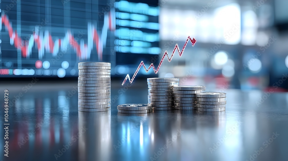 Aufkleber A 3D digital rendering depicting a stack of coins next to a rising vertical arrow with market graphs in the background over a blue gradient  The image symbolizes financial growth wealth