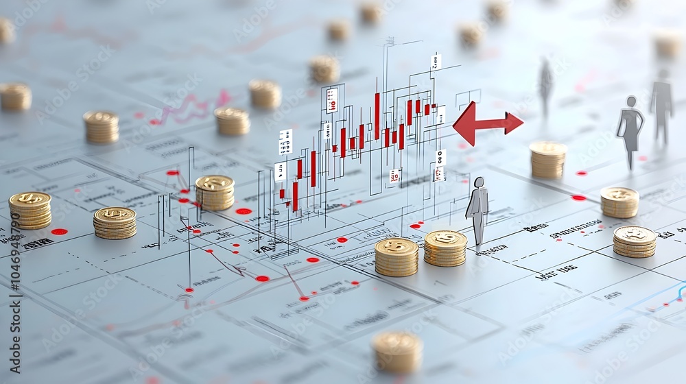 Poster futuristic digital investment growth concept featuring a upward pointing digital arrow overlaid char