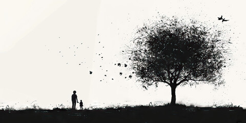 A minimalist depiction of a genealogy tree, drawn in black ink on white paper, focusing on the relationships and connections among family members instead of material possessions.