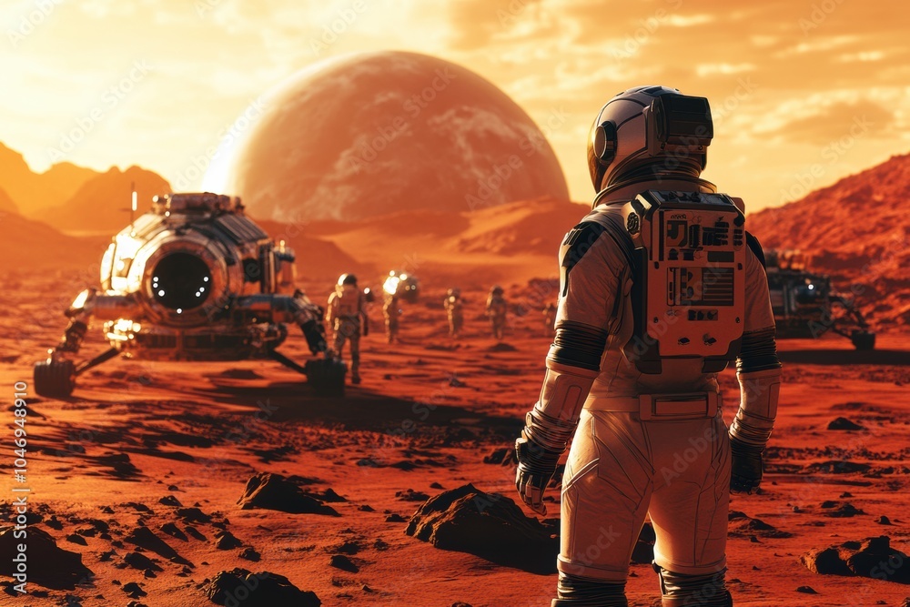Aufkleber A group of astronauts examines the red terrain of Mars, with futuristic vehicles and a large planet visible in the background. Generative AI