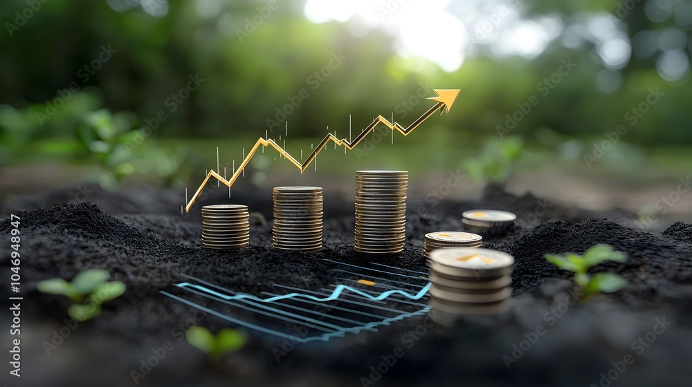Poster Digital rendering of an upward vertical arrow slicing through stacks of coins and a blue market graph symbolizing financial success growth and investment prosperity