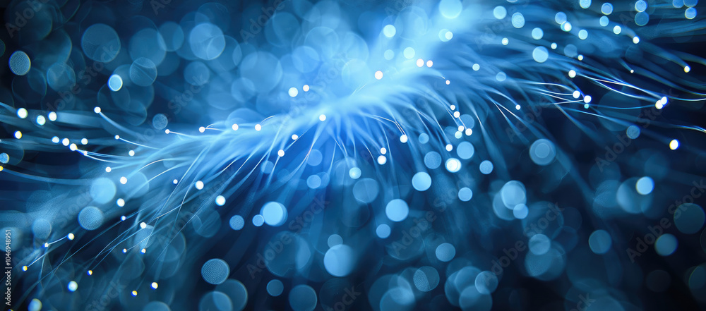 Poster fiber optic telecommunication network, emphasizing light transmission through glass fibers, with int