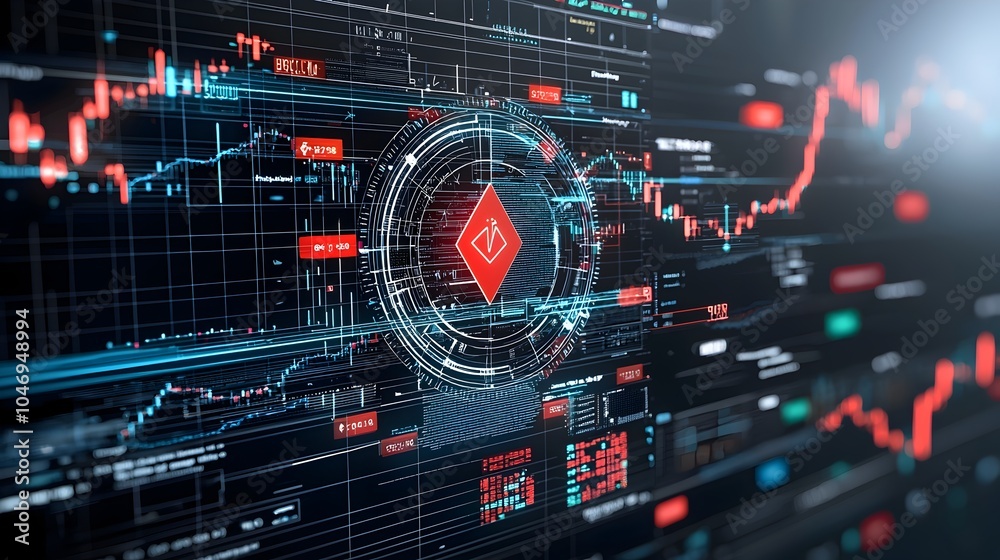 Poster futuristic 3d digital market concept with financial charts data analytics and an ascending vertical 