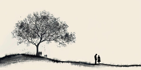 A minimalist depiction of a genealogy tree, drawn in black ink on white paper, focusing on the relationships and connections among family members instead of material possessions.