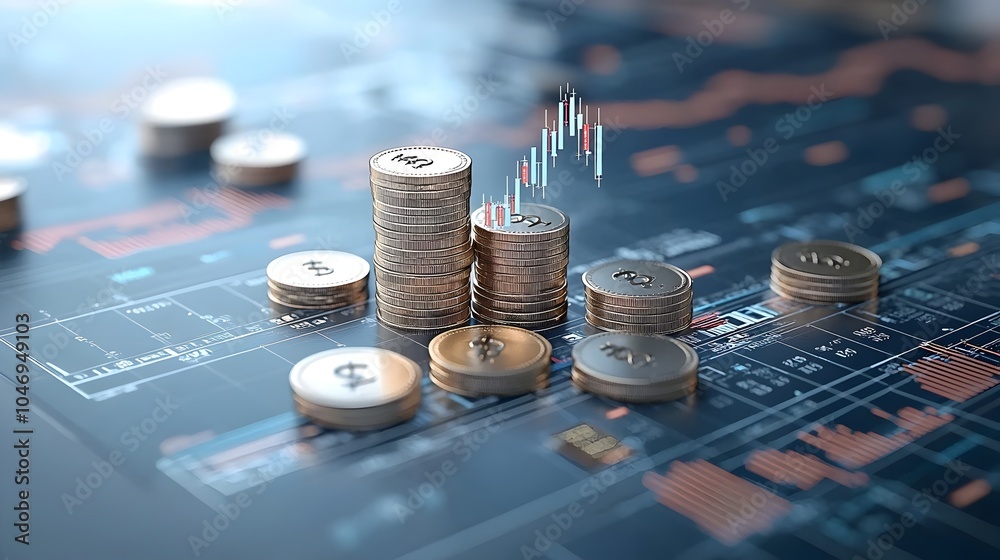 Leinwandbilder modern 3d market concept featuring coins an ascending vertical arrow surrounded by financial charts 