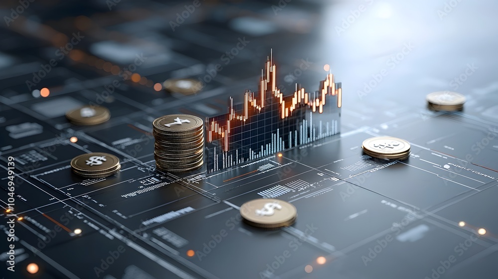 Poster futuristic digital financial scene depicting 3d arrows showing market rise and a glowing financial g