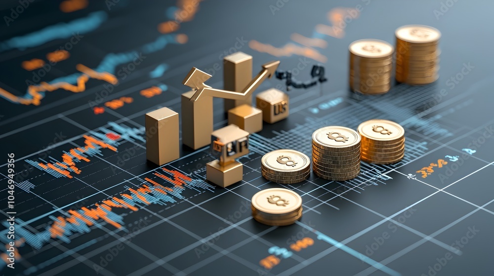 Aufkleber Dynamic 3D visualization of gold coins and an upward pointing arrow symbolizing financial growth and market success