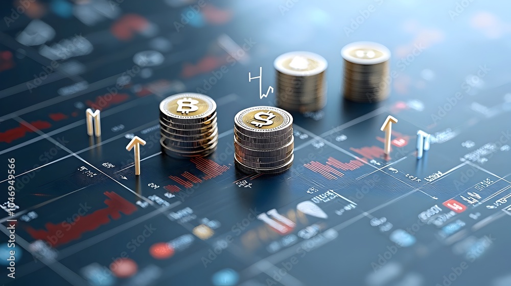 Poster Futuristic Digital 3D Rendering of Market Graph with Upward Trending Coins and Arrows on Blue Toned Financial Background  Visualize Growth Profit and Investment Trends in the Economy