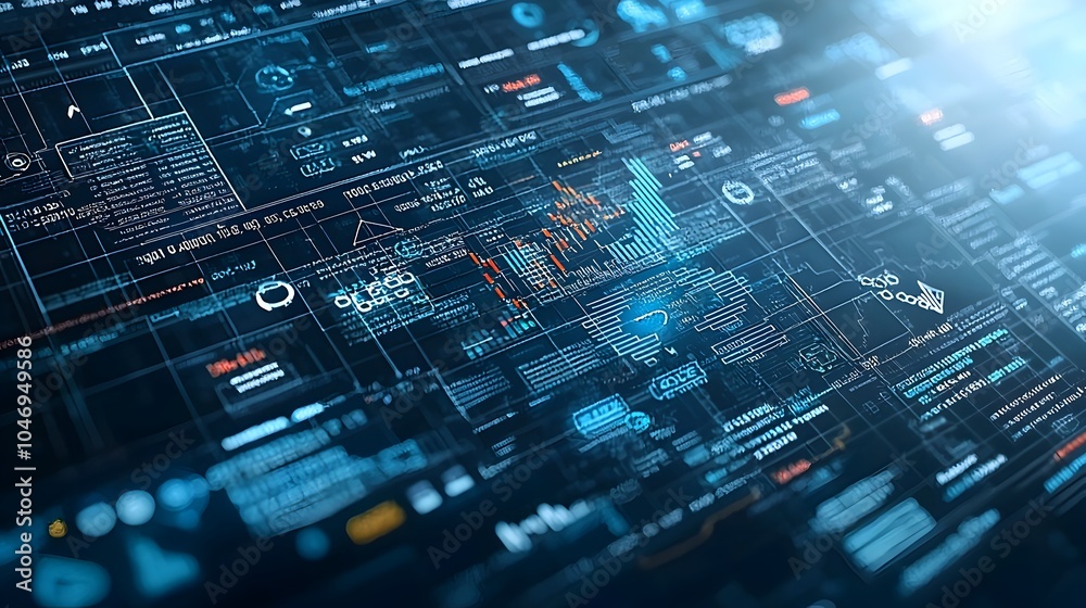 Poster Futuristic three dimensional digital rendering of a market graph with rising coins and arrows pointing upward on a blue toned background filled with financial symbols
