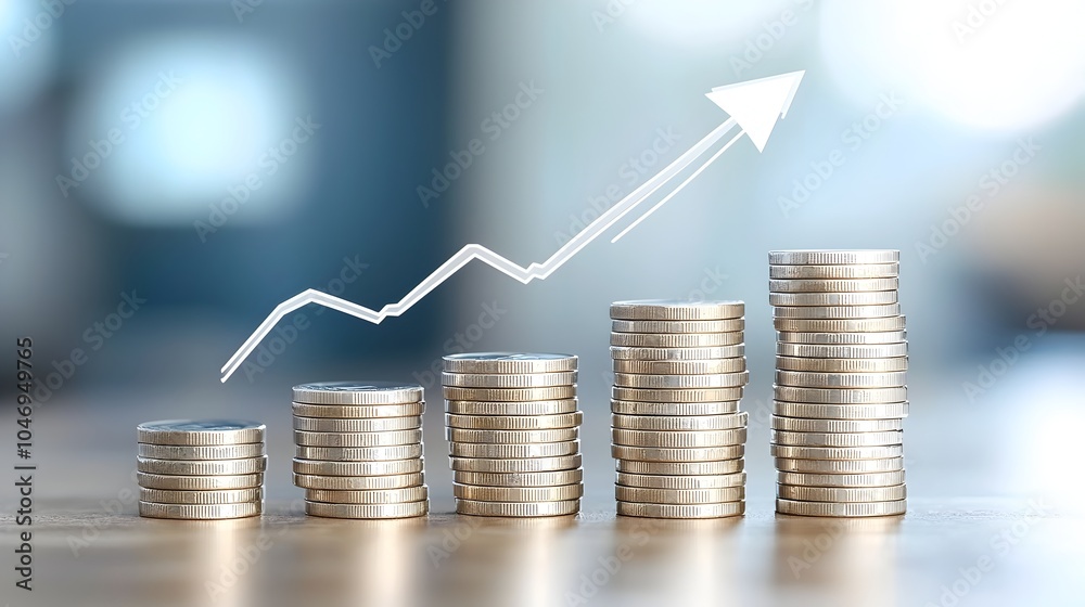 Leinwandbilder Ascending digital arrow graph with rows of coins symbolizing growth and success in the market set against a blue abstract background  Visualization of financial data investment strategy