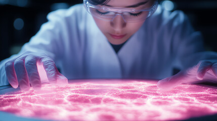A scientist interacts with a glowing pink surface, showcasing advanced technology and experimentation with light and energy in a laboratory setting.