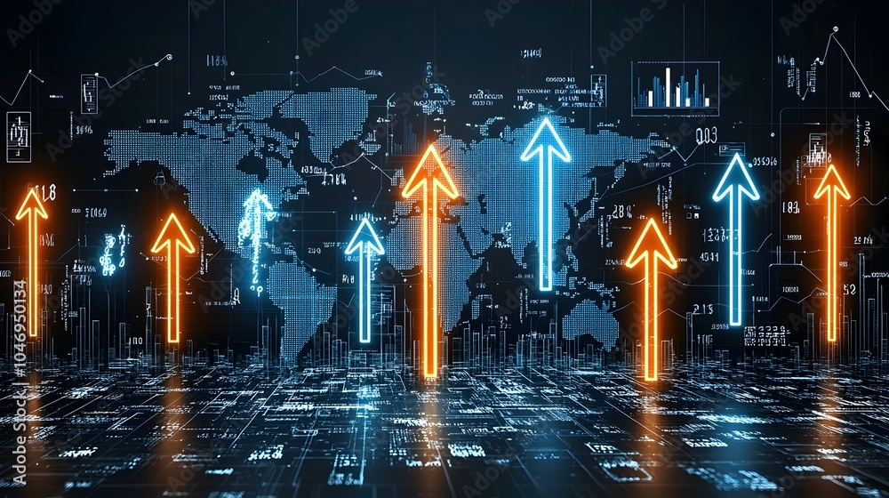 Poster Creative forex concept with glowing arrows moving across a world map and a business chart overlay symbolizing the interconnected nature of global financial markets and the flow of capital investment
