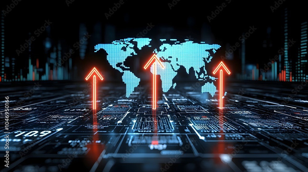 Poster Sleek digital business chart with glowing upward arrows overlaid on a world map depicting the growth and expansion of the global forex market and international financial trends