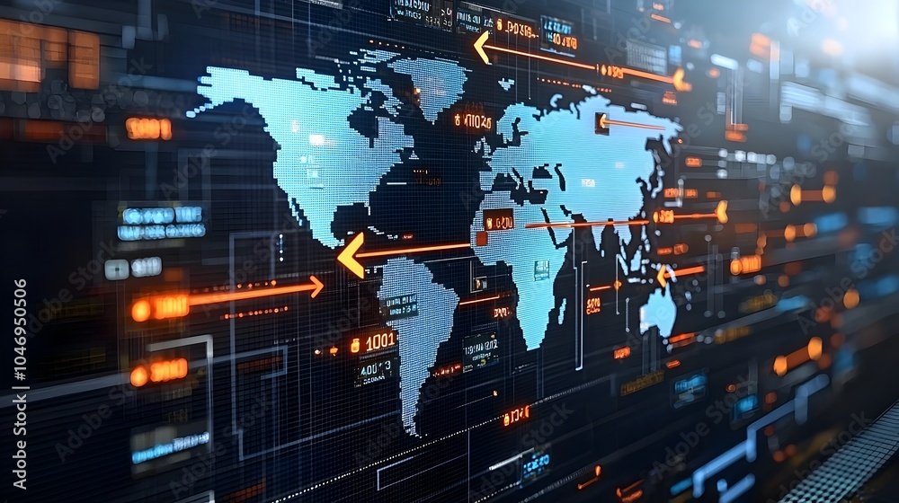 Poster Glowing Upward Arrows Overlaid on a World Map Representing the Growth and Expansion of the Global Forex Market Displayed on a Sleek Futuristic Digital Dashboard Interface