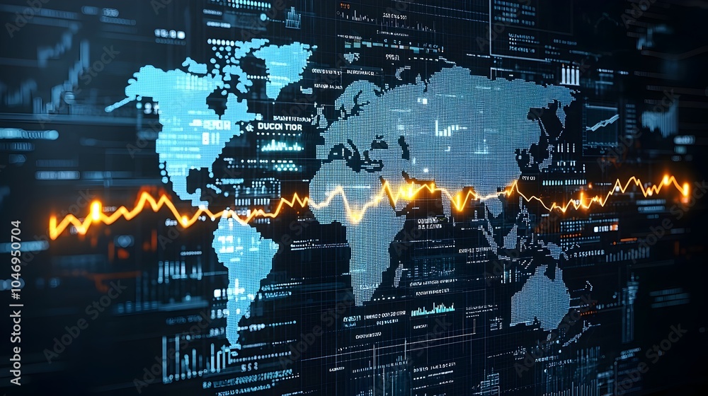 Poster Dynamic Forex Market Concept with Glowing Arrows on a World Map and Business Chart Overlay Representing Currency Exchange and Global Financial Markets