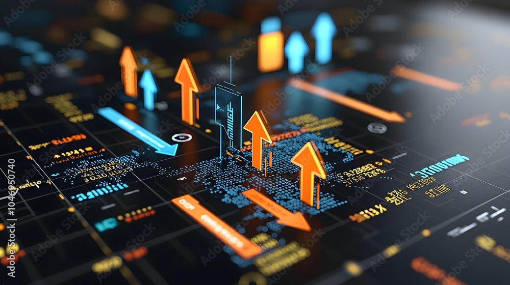 Poster glowing forex market arrows pointing upwards on a world map background with business charts showing 