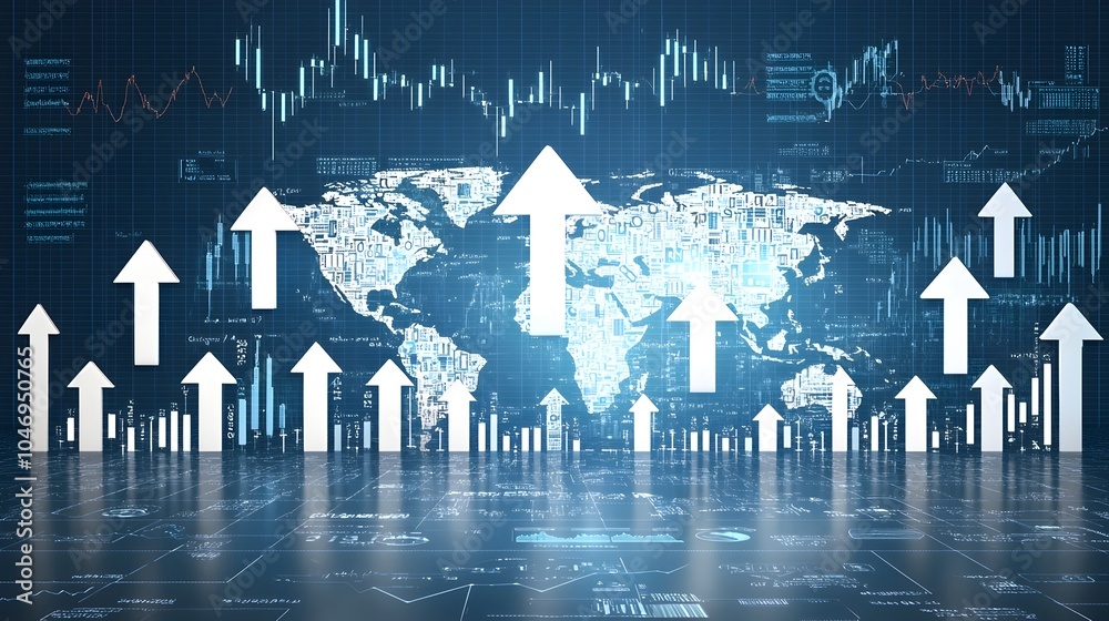 Aufkleber glowing forex market arrows pointing upwards on a world map background depicting business charts and