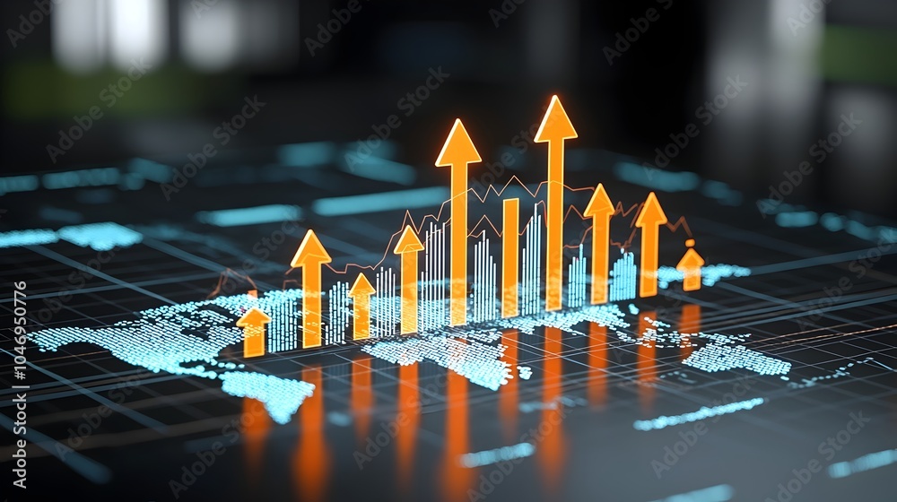 Aufkleber Glowing Forex Market Arrows Pointing Upwards on a World Map Background Showcasing Global Financial Growth and Market Trends with Business Charts and Analytics