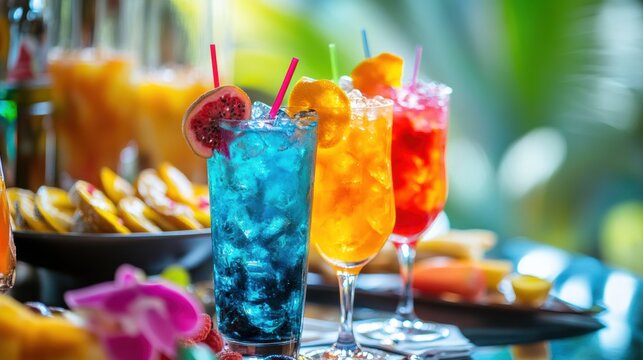 A table displays an assortment of colorful cocktails alongside enticing snacks and fresh fruit slices, perfect for a lively celebration. Generative AI