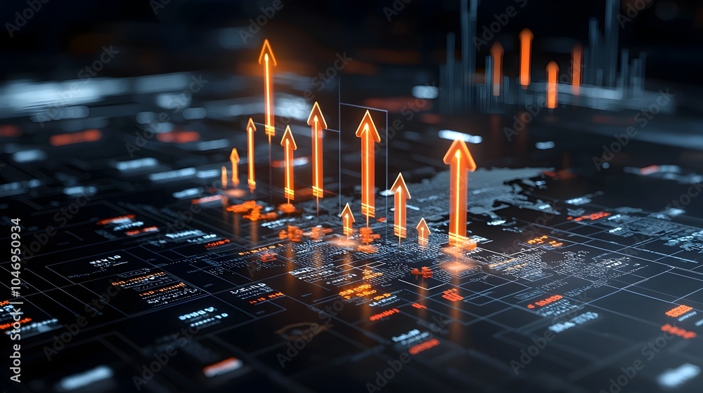 Poster glowing and dynamic forex arrows rising from a digital business chart overlaid on a vibrant world ma