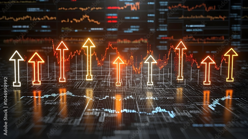 Poster glowing and vibrant forex arrows rising from a digital business chart overlaid on a world map backgr