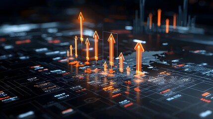 Glowing and dynamic forex arrows rising from a digital business chart overlaid on a vibrant world map background representing the global currency trading and financial markets