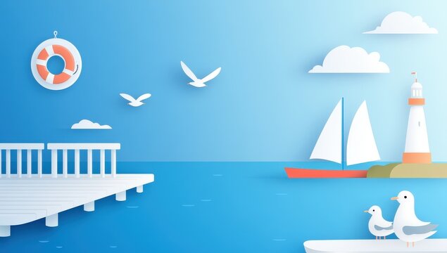 Serene Coastal Scene with Sailboat and Lighthouse