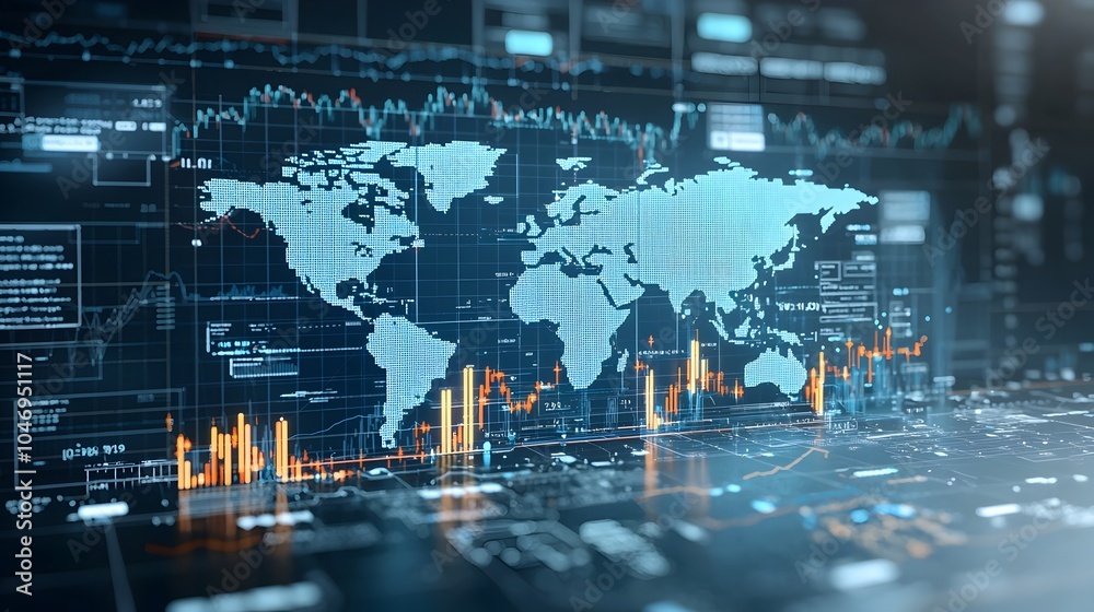 Poster glowing arrows and business chart overlay on world map creative forex concept symbolizing global fin