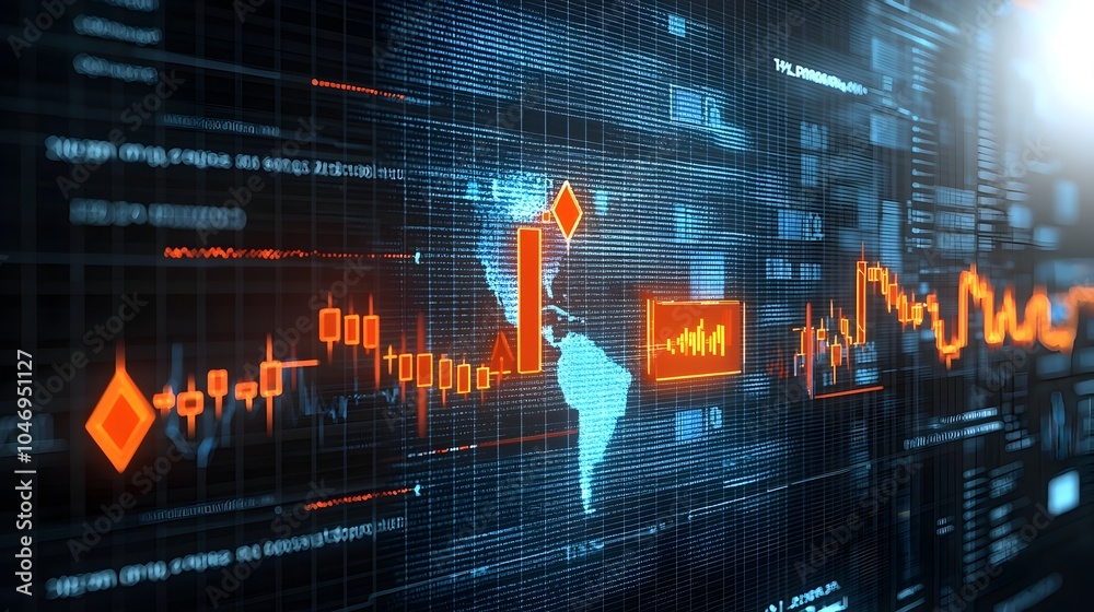 Leinwandbilder Creative forex concept featuring a world map with glowing arrows and a business chart overlay symbolizing global financial markets and data analytics