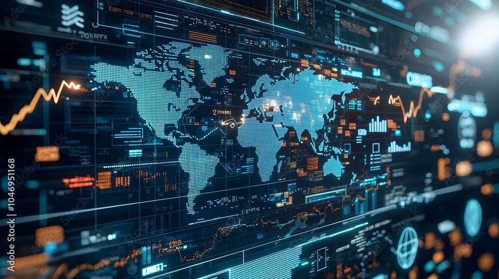Poster Creative forex concept featuring a world map with glowing arrows and a business chart overlay symbolizing the interconnected global financial markets and complex economic data visualization