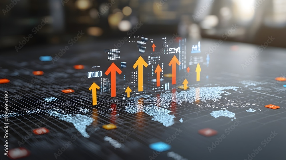 Poster Glowing business chart with arrows and world map showcasing the creative dynamics of global financial markets and forex trading highlighting the data driven