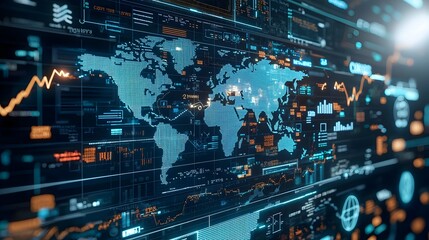 Creative forex concept featuring a world map with glowing arrows and a business chart overlay symbolizing the interconnected global financial markets and complex economic data visualization
