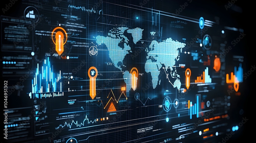 Aufkleber glowing digital business chart with world map representing creative global financial markets forex t